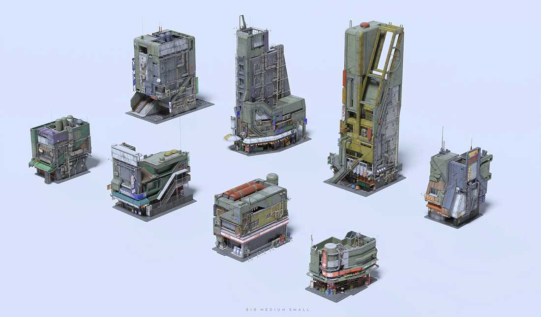 未来科幻日本千叶城市建筑楼房港口码头工业仓库场景人物角色3D模型资产(Blender/FBX/OBJ/UE5格式) Big Medium Small – Chiba City