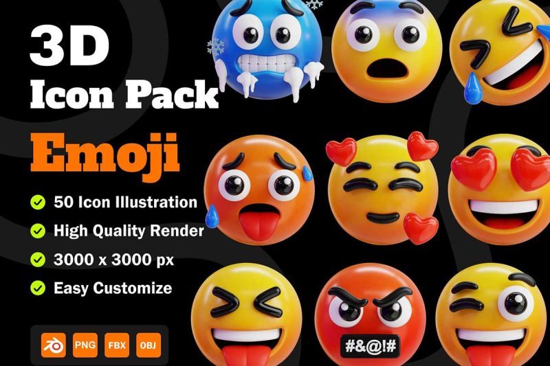 50个独特的表情符号3D图标模型素材合集(Blender,FBX,OBJ,PNG) Emoji 3D Icon Packs