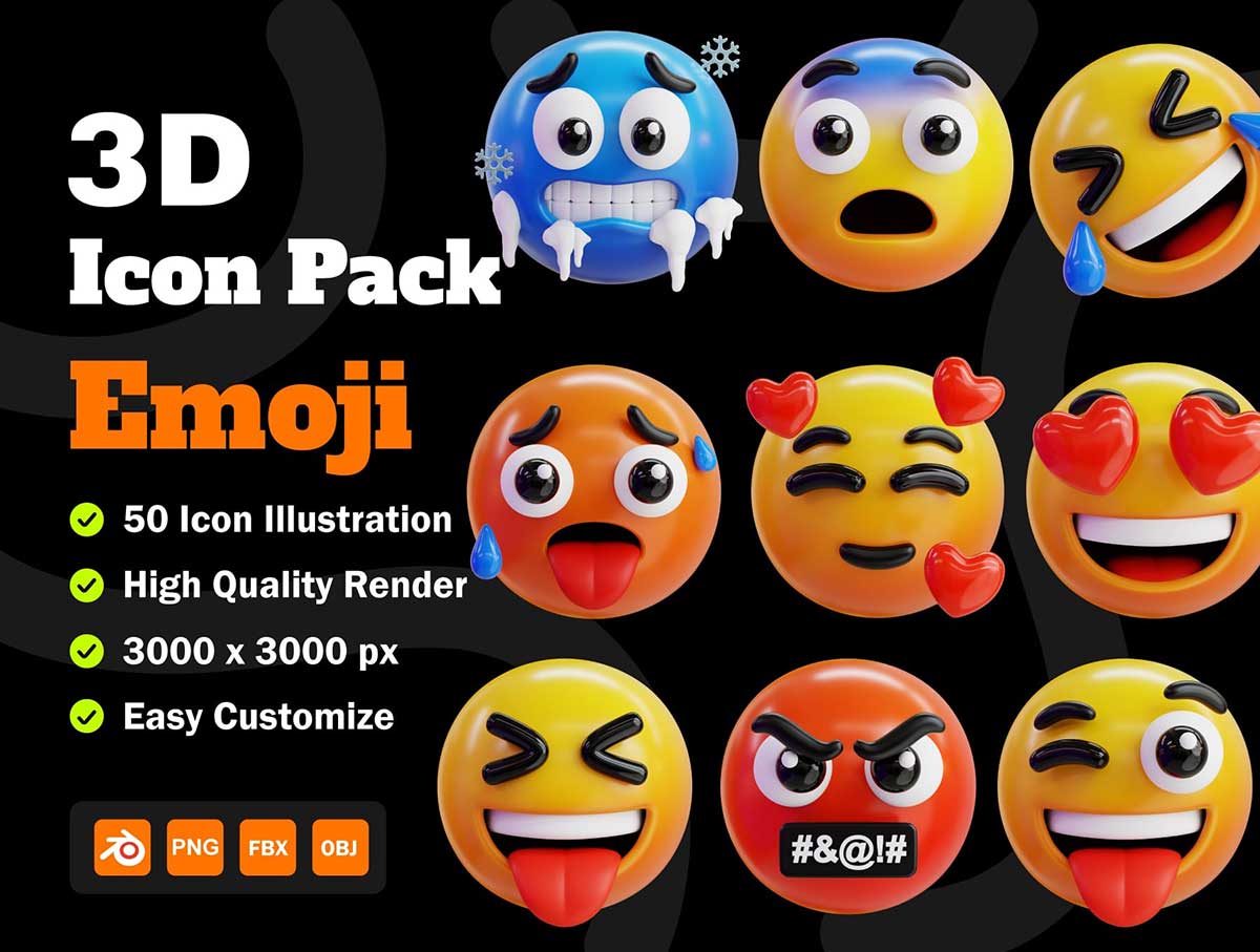 50个独特的表情符号3D图标模型素材合集(Blender,FBX,OBJ,PNG) Emoji 3D Icon Packs
