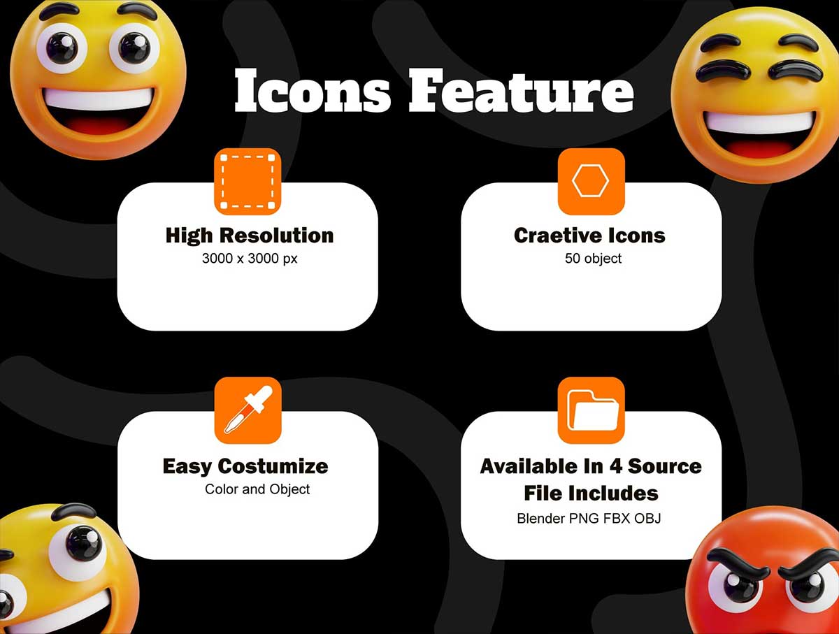 50个独特的表情符号3D图标模型素材合集(Blender,FBX,OBJ,PNG) Emoji 3D Icon Packs