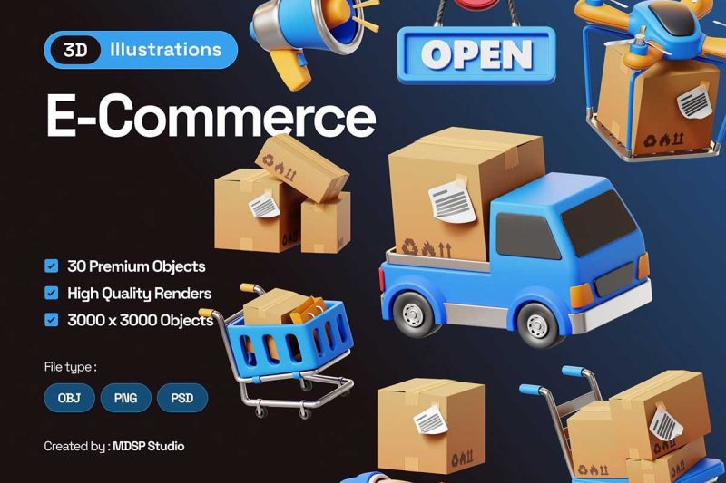 30个高品质电子商务3D插图模型素材包(OBJ通用格式,PSD,PNG) E-Commerce 3D Illustrations