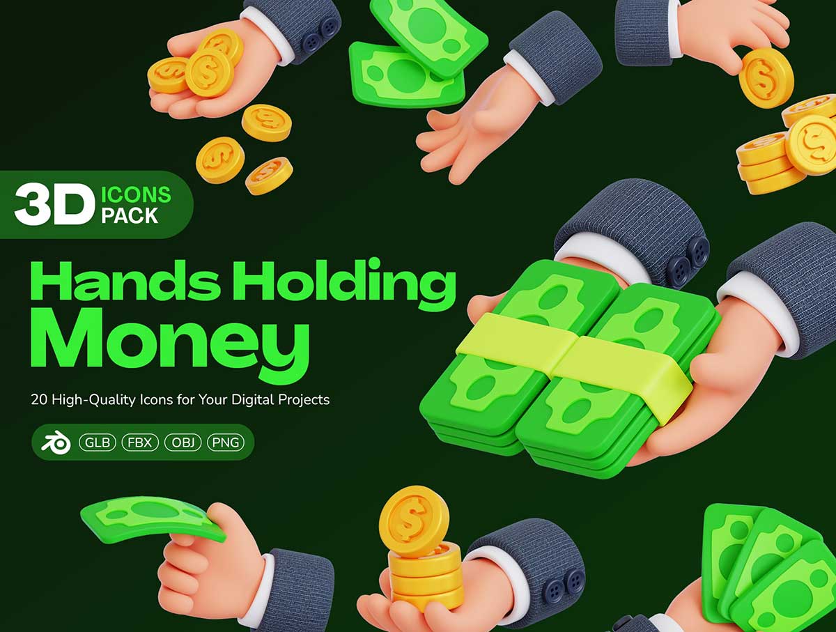 20款高品质手持钞票货币3D图标模型素材包(Blender,FBX,OBJ,PNG) Hands Holding Money 3D Icon Pack