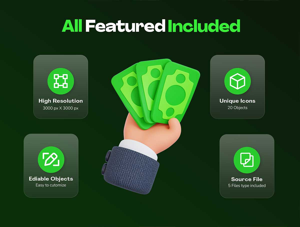 20款高品质手持钞票货币3D图标模型素材包(Blender,FBX,OBJ,PNG) Hands Holding Money 3D Icon Pack