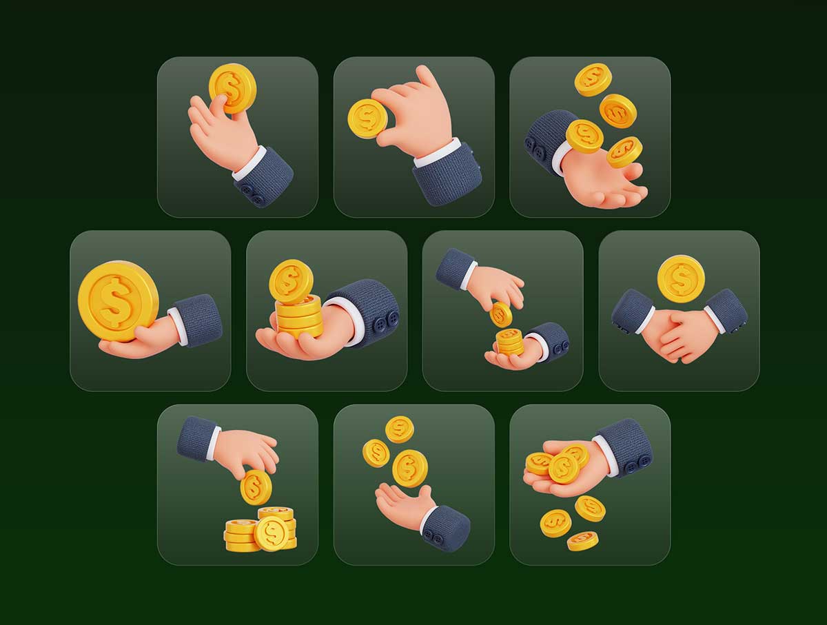 20款高品质手持钞票货币3D图标模型素材包(Blender,FBX,OBJ,PNG) Hands Holding Money 3D Icon Pack