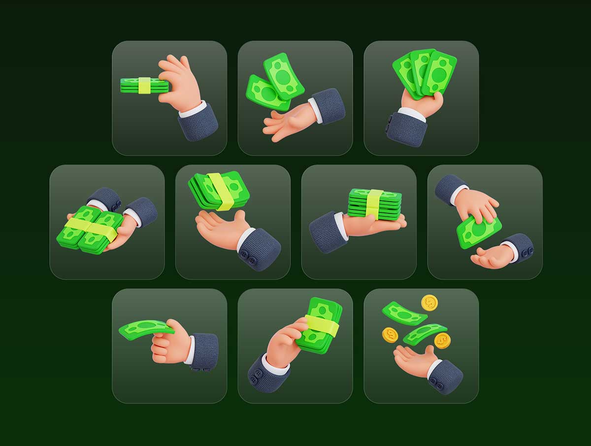 20款高品质手持钞票货币3D图标模型素材包(Blender,FBX,OBJ,PNG) Hands Holding Money 3D Icon Pack