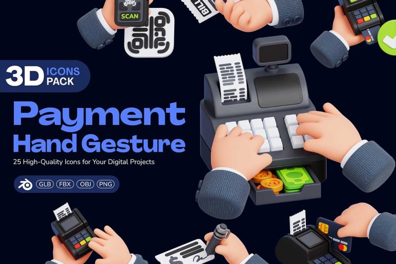 25个高质量的支付手势3D图标模型素材(Blender,FBX,OBJ,PNG) Payment Hand Gestures
