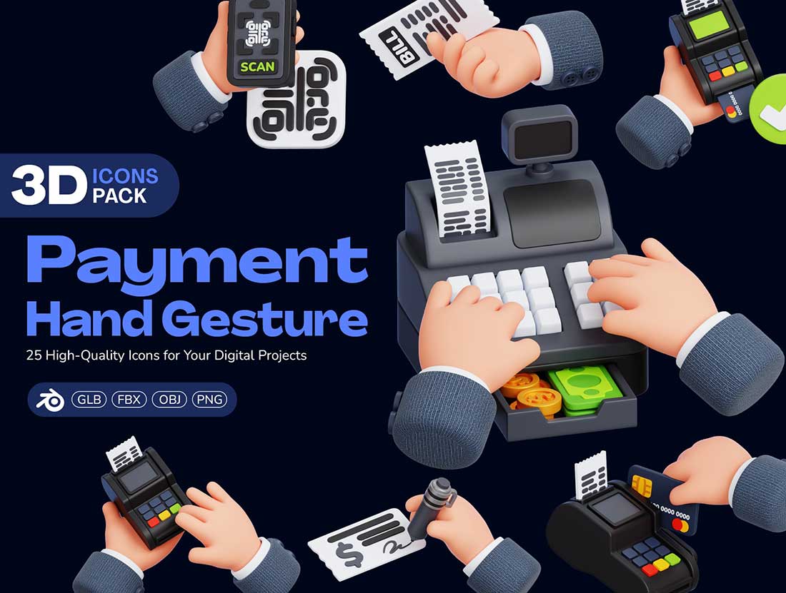 25个高质量支付手势动作3D图标模型素材(Blender,FBX,OBJ,PNG) Payment Hand Gestures