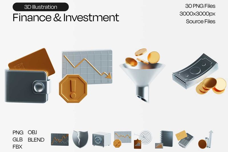 30个高质量的Blender金融投资主题3D图标模型素材(Blender) Finance and Investment 3D Icon Pack