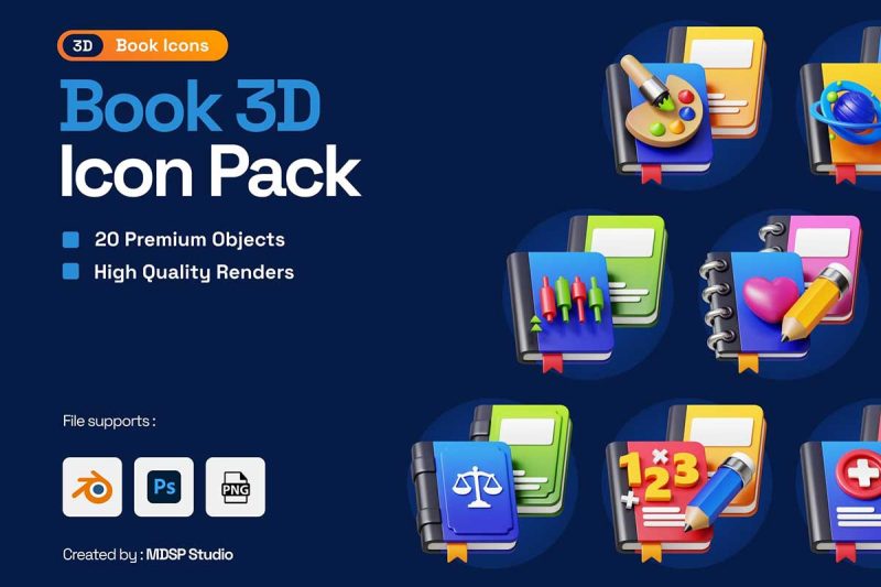 20个高分辨书籍图标3D模型素材(OBJ,PSD,PNG) Book 3D Icon Pack