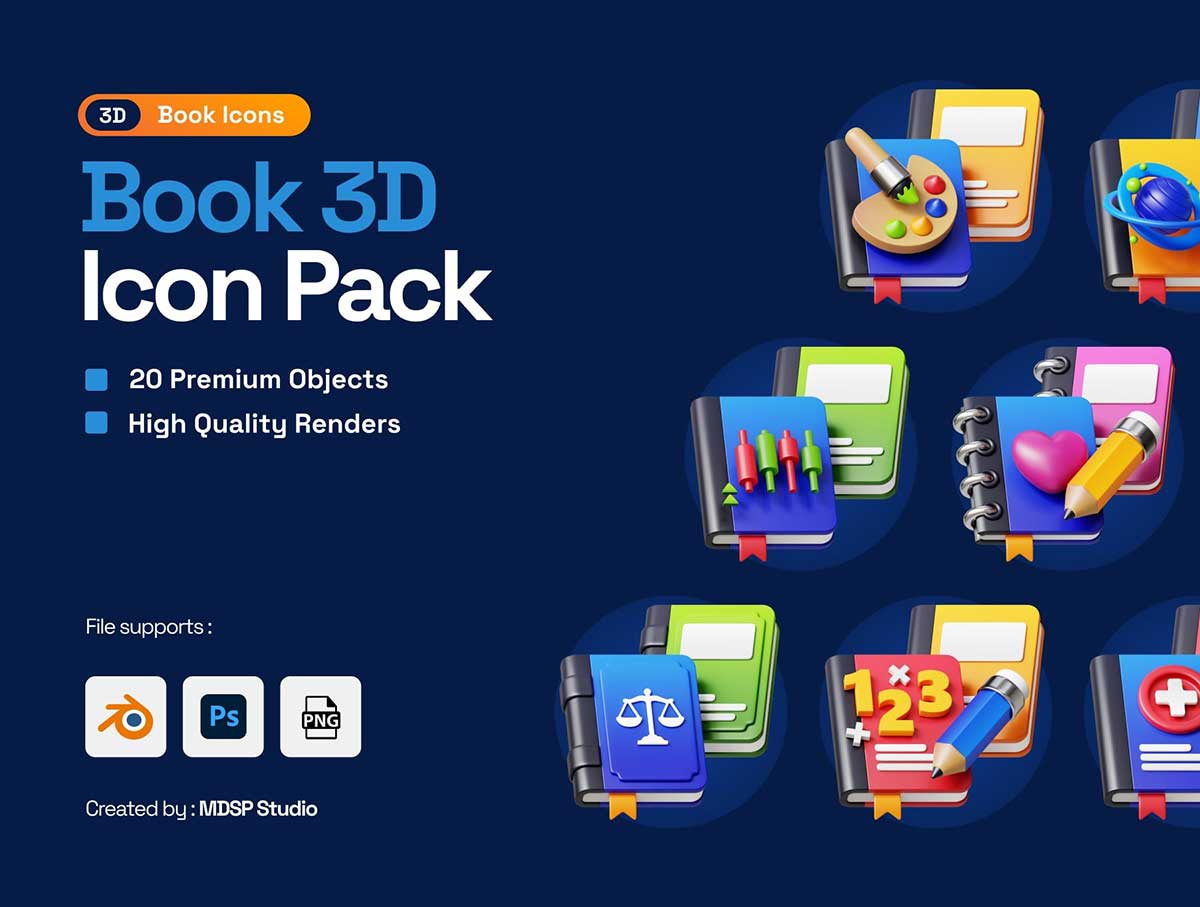20个高分辨书籍图标3D模型素材(OBJ,PSD,PNG) Book 3D Icon Pack_源酷素材网