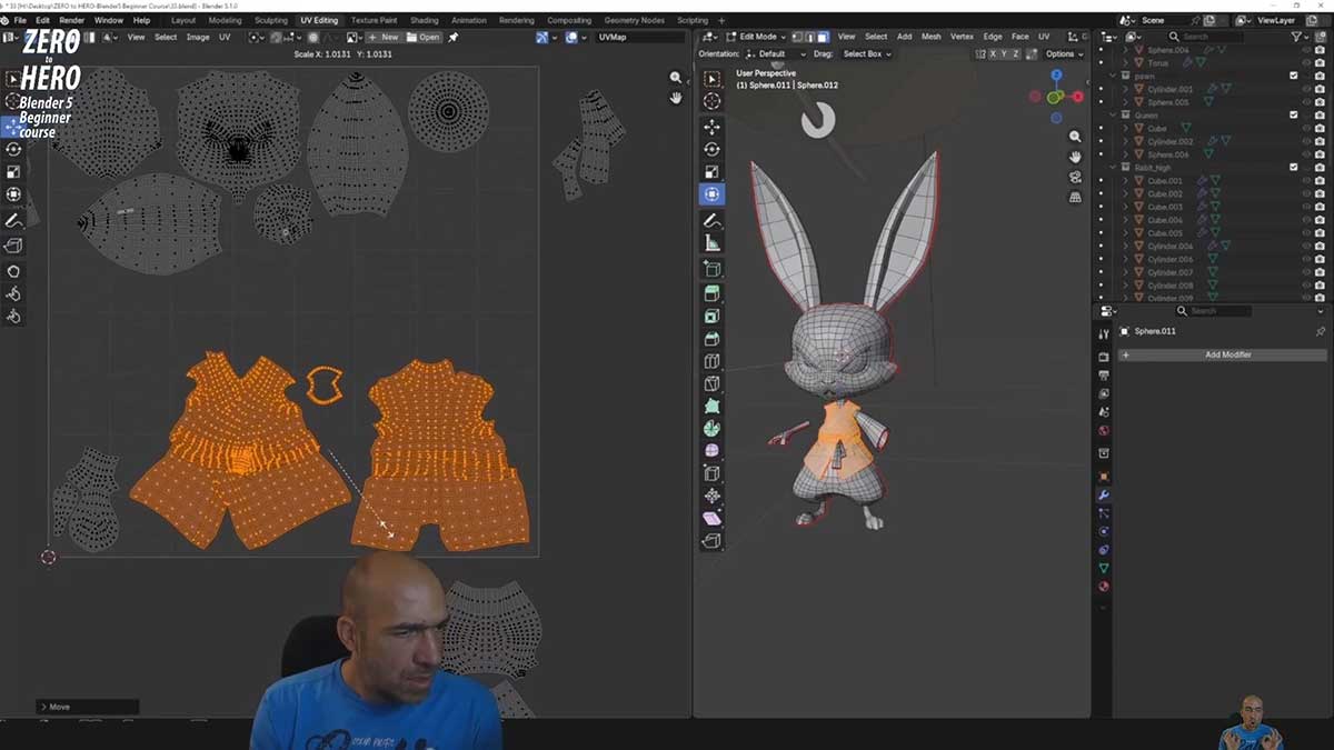 Blender卡通兔子武士角色建模UV贴图绑定渲染基础教程(中英文教程) ZERO to HERO – Blender 5 Beginner course