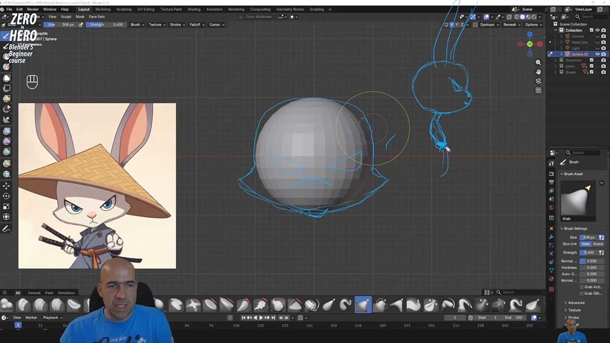Blender卡通兔子武士角色建模UV贴图绑定渲染基础教程(中英文教程) ZERO to HERO – Blender 5 Beginner course
