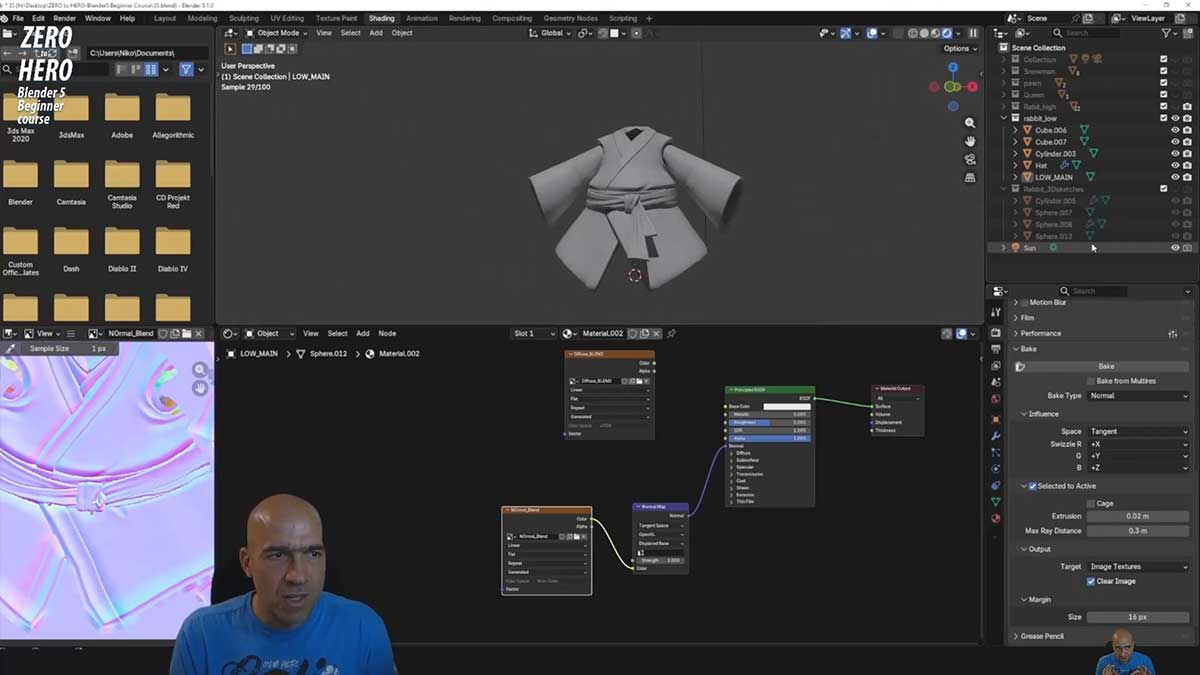 Blender卡通兔子武士角色建模UV贴图绑定渲染基础教程(中英文教程) ZERO to HERO – Blender 5 Beginner course