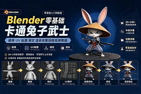 Blender卡通兔子武士角色建模UV贴图绑定渲染基础教程(中英文教程) ZERO to HERO – Blender 5 Beginner course