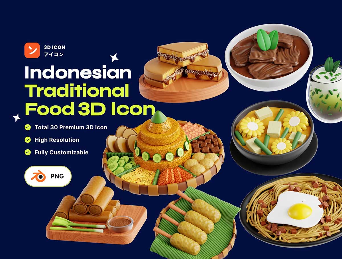 Blender印尼传统美食3D图标模型素材包 Indonesian Traditional Food 3D Icon pack