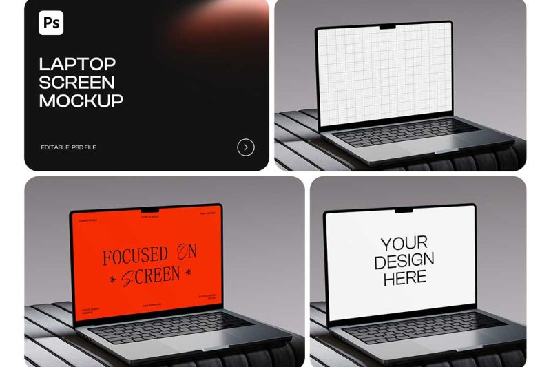 1款工业风UI广告界面作品集设计苹果笔记本MacBook样机PSD素材 Laptop Screen Mockup Layout