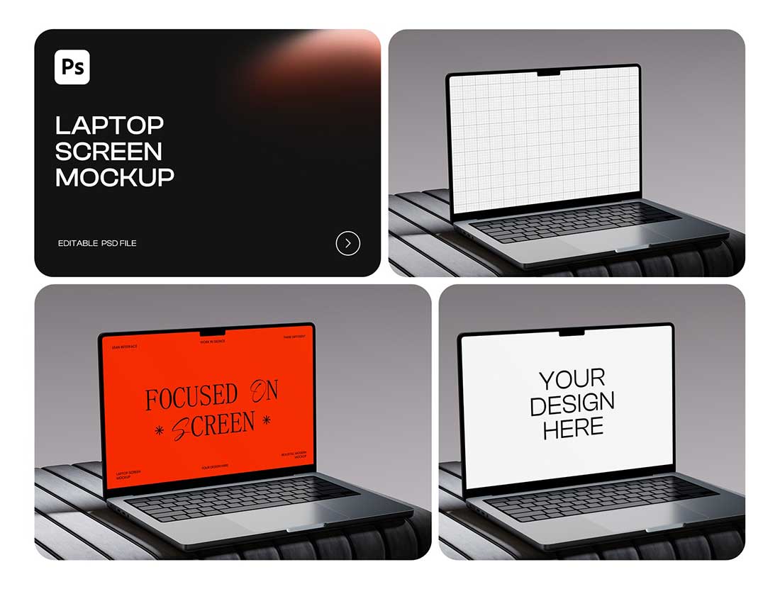 1款工业风UI广告界面作品集设计苹果笔记本MacBook样机PSD素材 Laptop Screen Mockup Layout