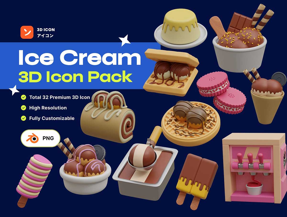 Blender冰淇淋和甜点食物图标3D模型素材(Blender,PNG) Ice Cream & Desserts 3D Icon