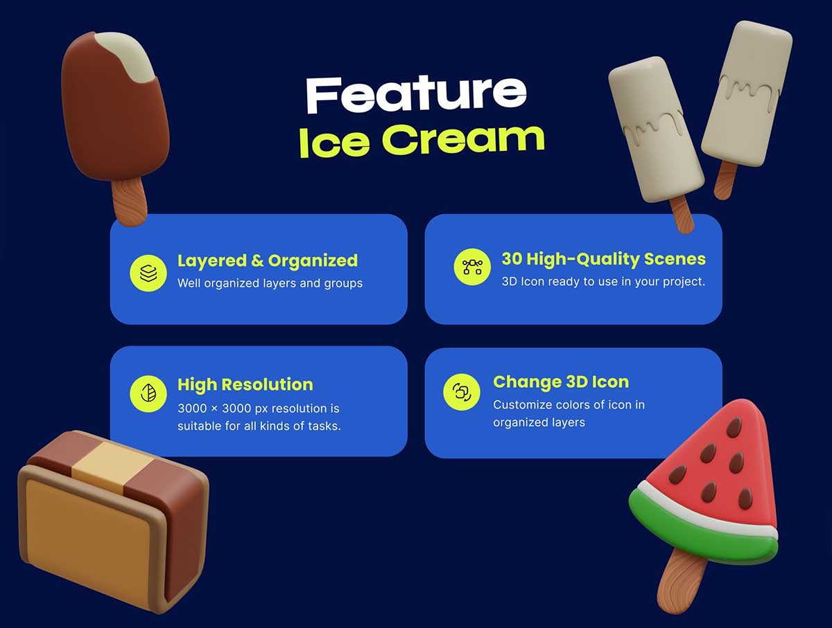 Blender冰淇淋和甜点食物图标3D模型素材(Blender,PNG) Ice Cream & Desserts 3D Icon