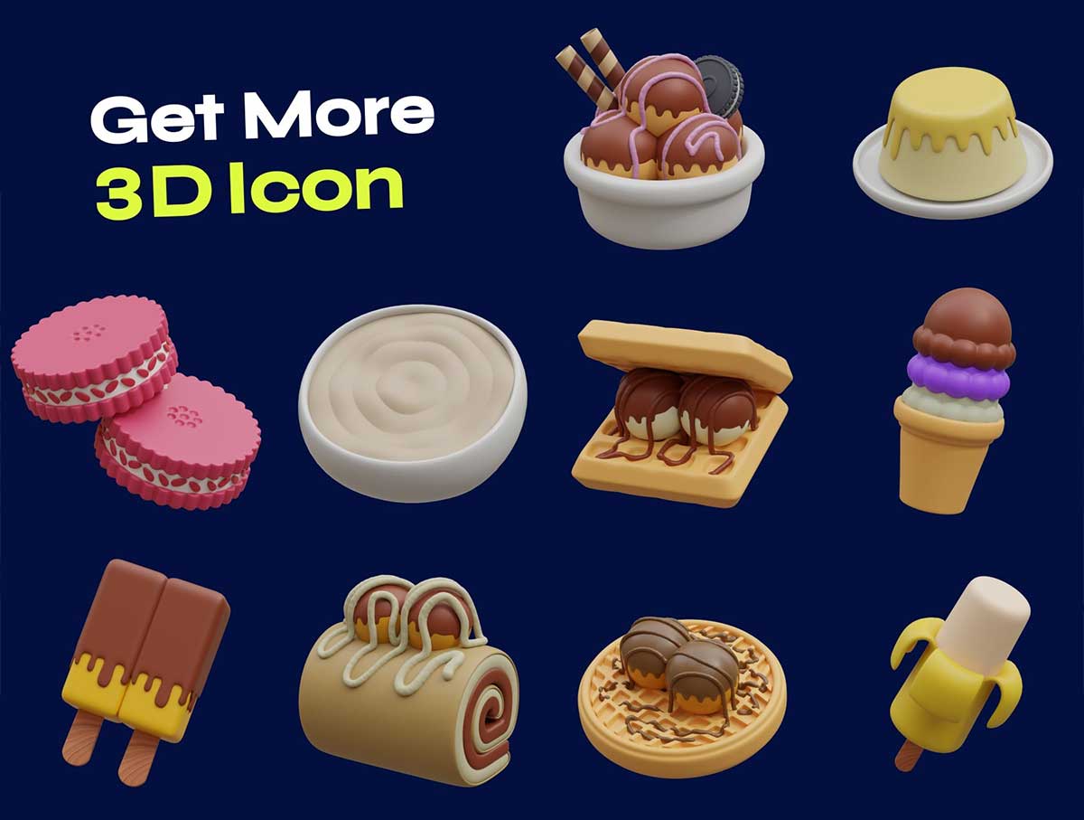 Blender冰淇淋和甜点食物图标3D模型素材(Blender,PNG) Ice Cream & Desserts 3D Icon