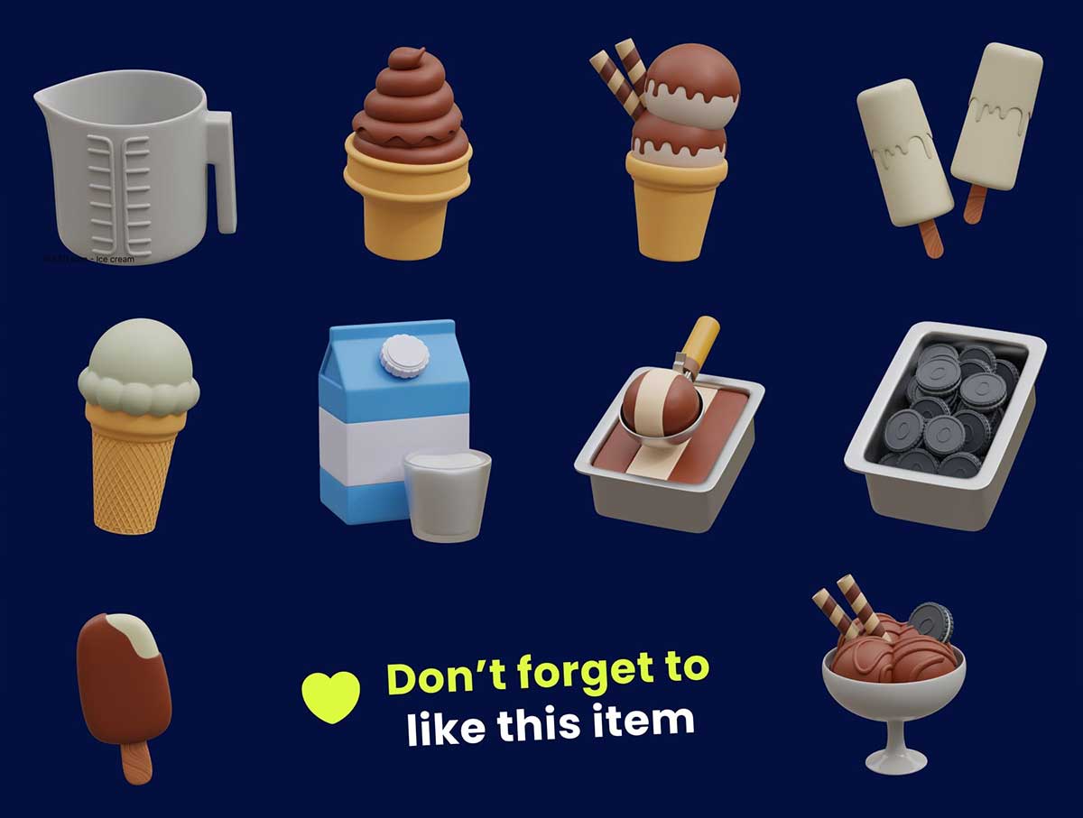 Blender冰淇淋和甜点食物图标3D模型素材(Blender,PNG) Ice Cream & Desserts 3D Icon