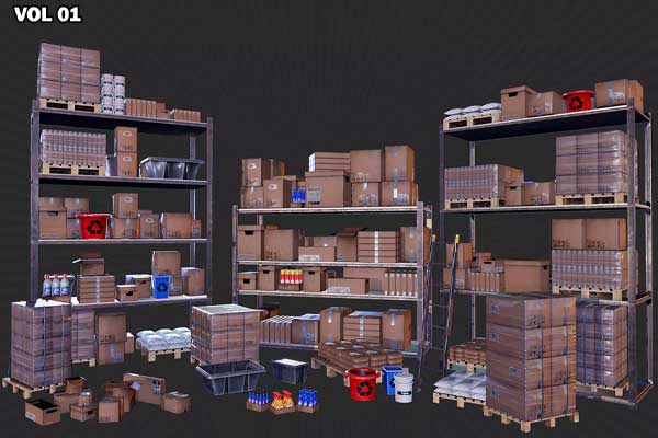 70个仓库货架纸板箱子桶杂物等3D模型素材合集(FBX,OBJ) 70 Warehouse Shelves Collection