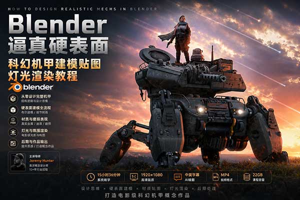 Blender逼真硬表面科幻机甲建模贴图灯光渲染教程(中英文字幕) CG Characters – How to Design Realistic Mechs in Blender