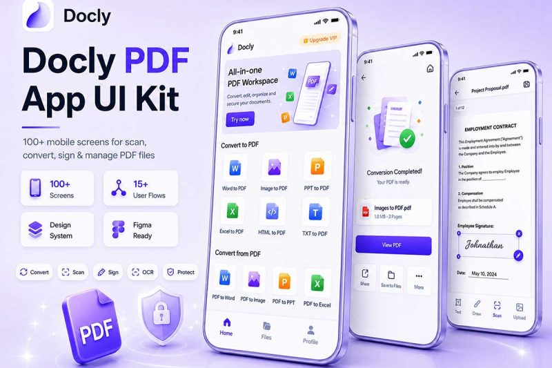 100+屏文件扫描PDF文件格式转换合并拆分App应用ui界面figma素材模板 Docly — PDF App UI Kit for Mobile
