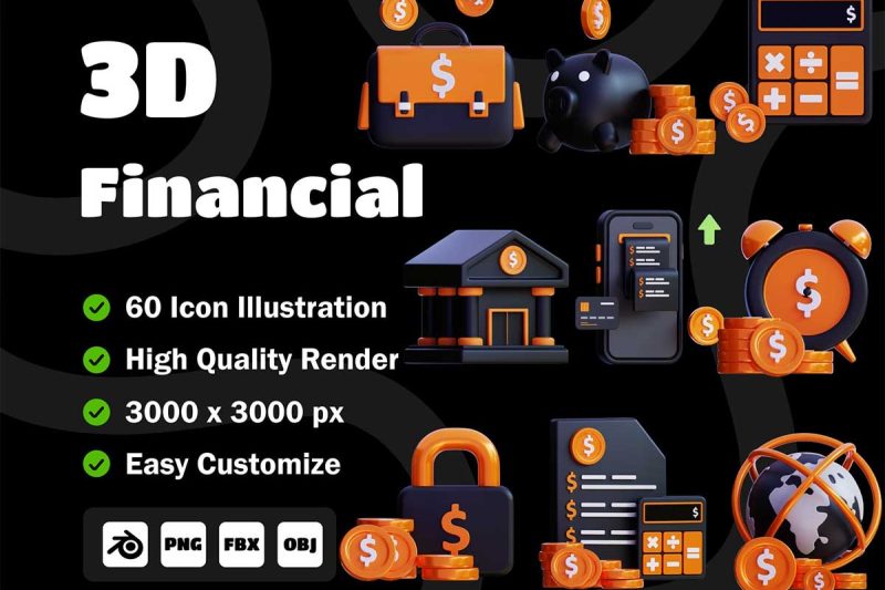 60个高质量现代金融与投资图标3D模型素材合集(Blender,OBJ,PNG) 60 Unique 3D Financial Icon Pack with High Resolution