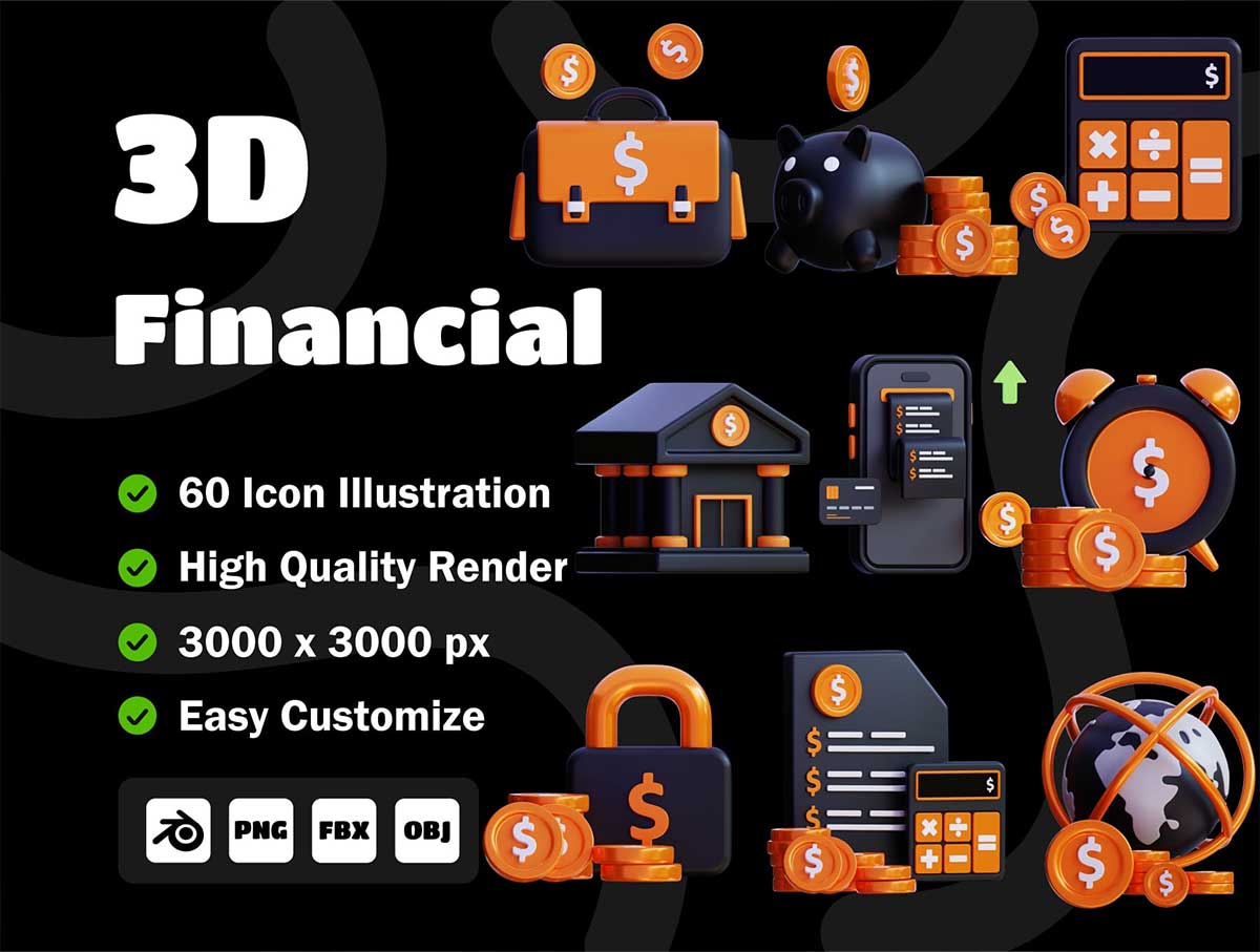 60个高质量现代金融与投资图标3D模型素材合集(Blender,OBJ,PNG) 60 Unique 3D Financial Icon Pack with High Resolution