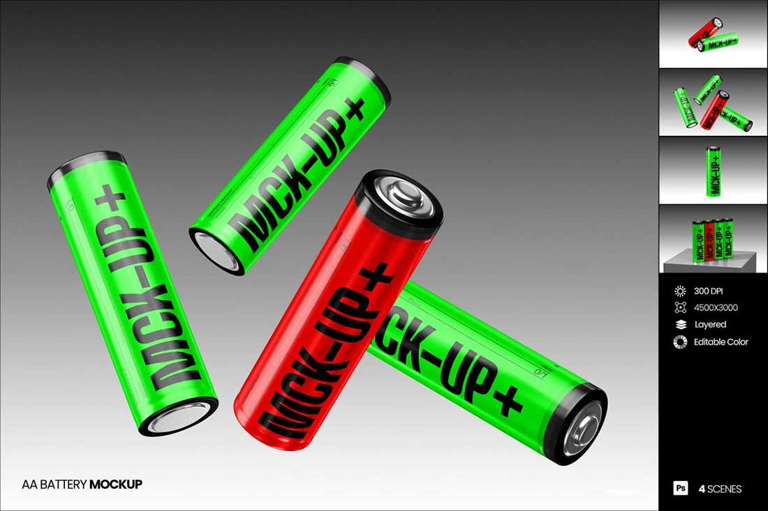 4款AA型5号干电池设计展示效果PSD样机素材 AA Battery Mockup