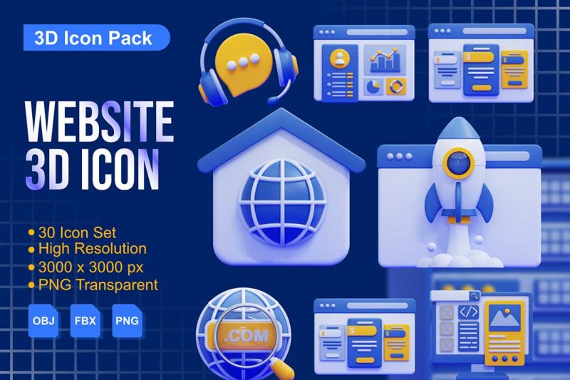 30个独特的网站主题3D图标模型素材(FBX,OBJ,PNG) 30 Unique Website 3D Icon Pack with High Resolution