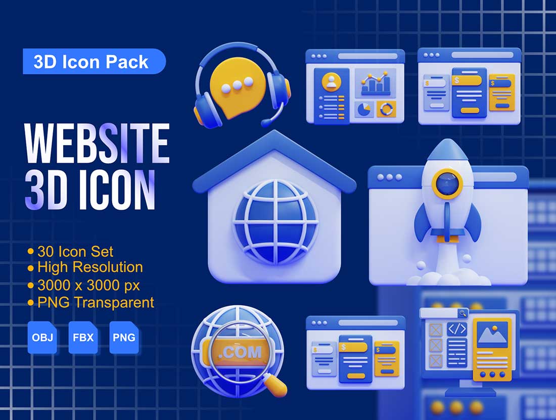 30个独特的网站主题3D图标模型素材(FBX,OBJ,PNG) 30 Unique Website 3D Icon Pack with High Resolution