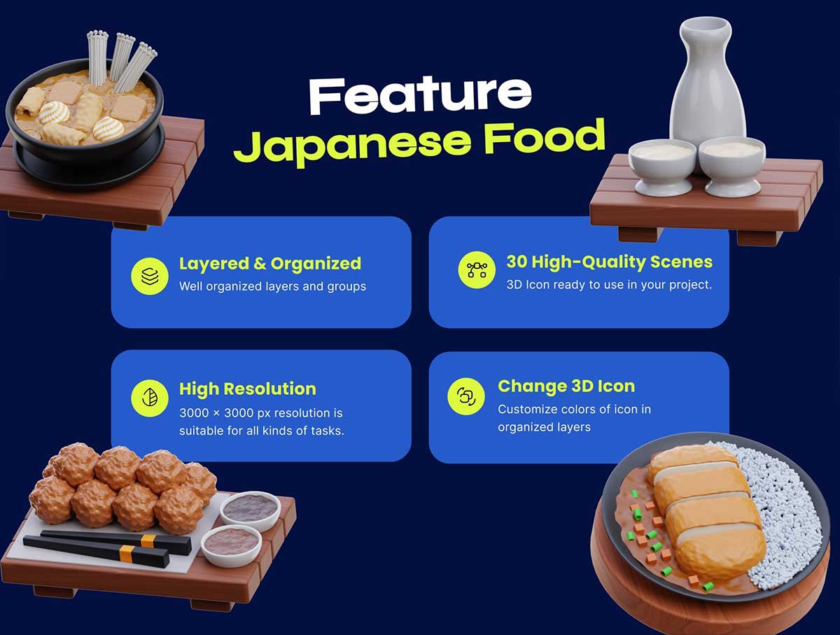 30款高质量寿司刺身等日本食物3D图标模型素材(Blender,PNG) Premium Japanese Food 3D Icon pack