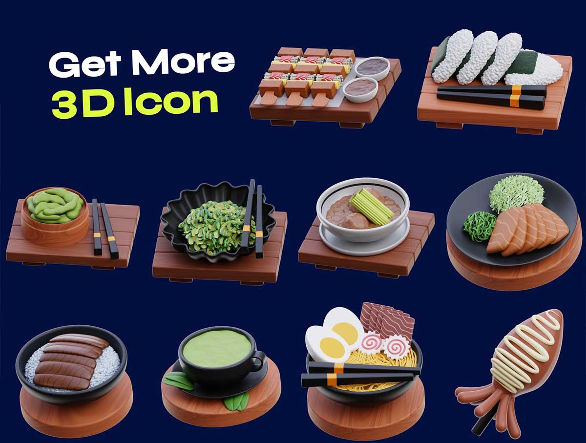 30款高质量寿司刺身等日本食物3D图标模型素材(Blender,PNG) Premium Japanese Food 3D Icon pack