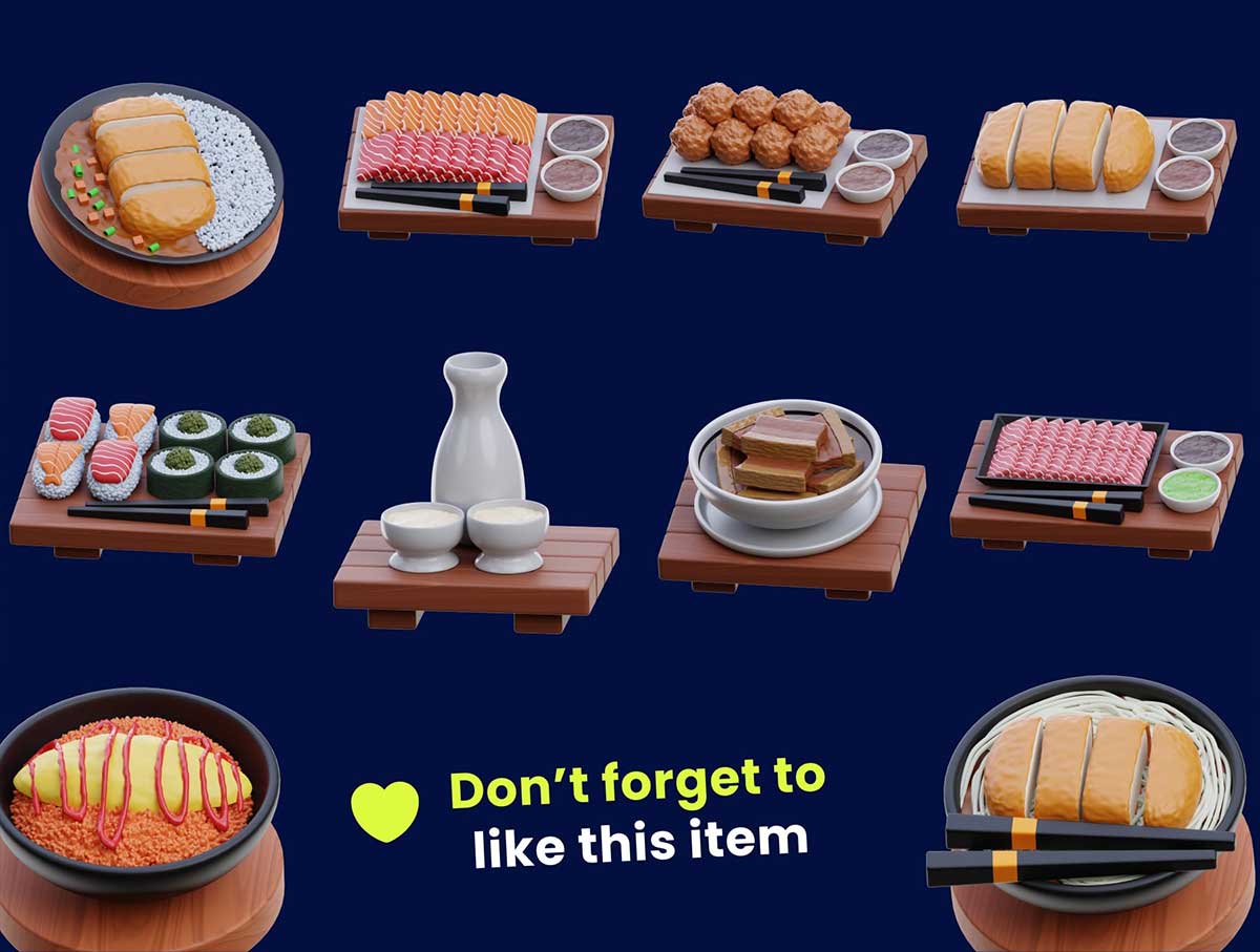 30款高质量寿司刺身等日本食物3D图标模型素材(Blender,PNG) Premium Japanese Food 3D Icon pack