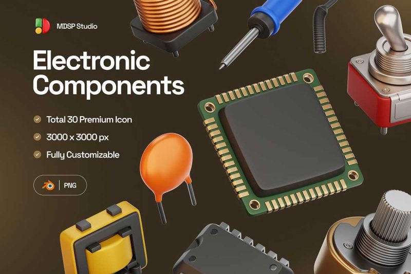 30个Blebder高质量电子元件3D模型素材(Blender,PNG) 30 Electronic Components 3D Icon Set