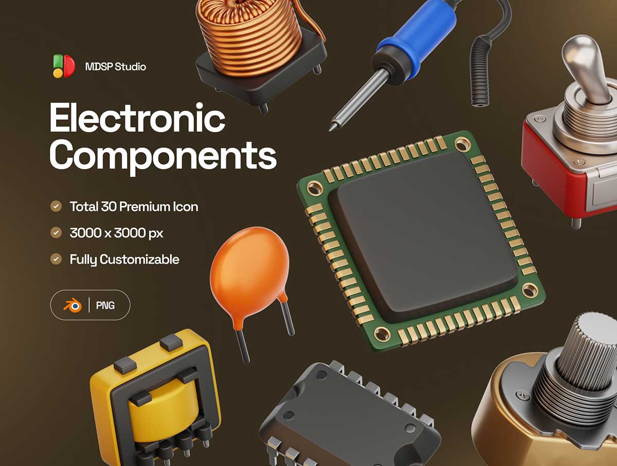 30个Blebder高质量电子元件3D模型素材(Blender,PNG) 30 Electronic Components 3D Icon Set