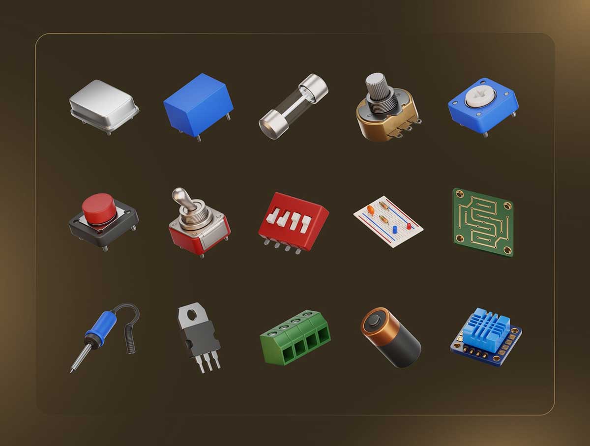 30个Blebder高质量电子元件3D模型素材(Blender,PNG) 30 Electronic Components 3D Icon Set