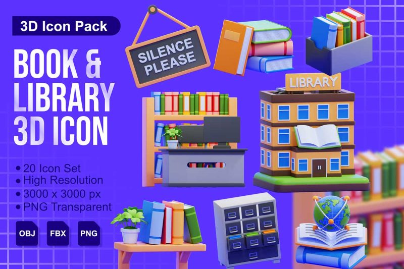 20款高品质书籍和图书馆主题图标3D模型素材(FBX,OBJ,PNG) Book & Library 3D Icons Packs