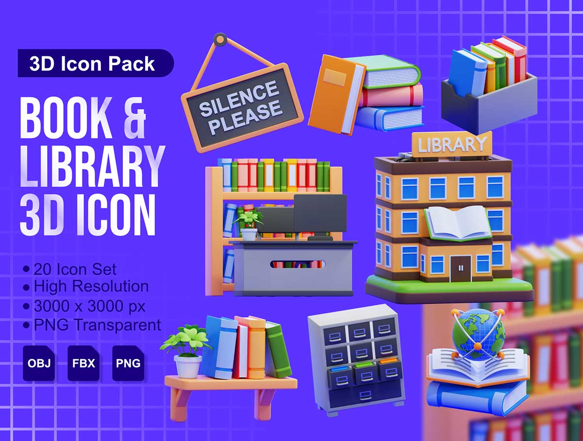 20款高品质书籍和图书馆主题图标3D模型素材(FBX,OBJ,PNG) Book & Library 3D Icons Packs