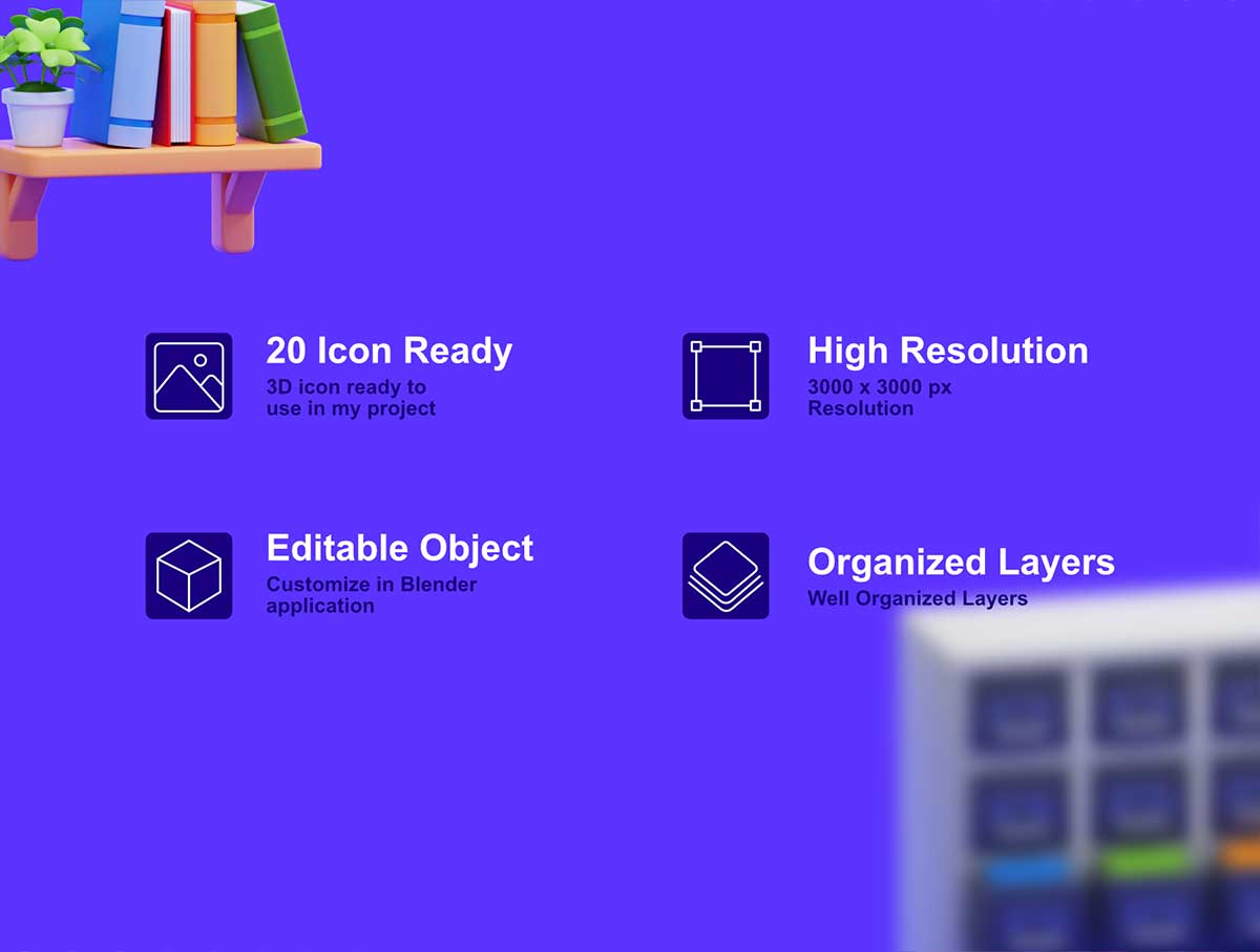 20款高品质书籍和图书馆主题图标3D模型素材(FBX,OBJ,PNG) Book & Library 3D Icons Packs