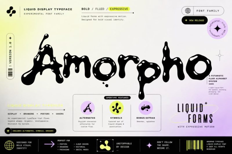 潮流实验性俏皮液态水墨水滴海报包装设计英文字体素材 Amorpho Liquid Ink Typeface