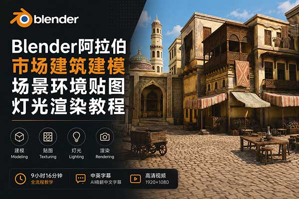 Blender阿拉伯市场建筑建模场景环境贴图灯光渲染教程(中英文字幕) Blender Stylized Arabian Market Environment: Build 3D Scene