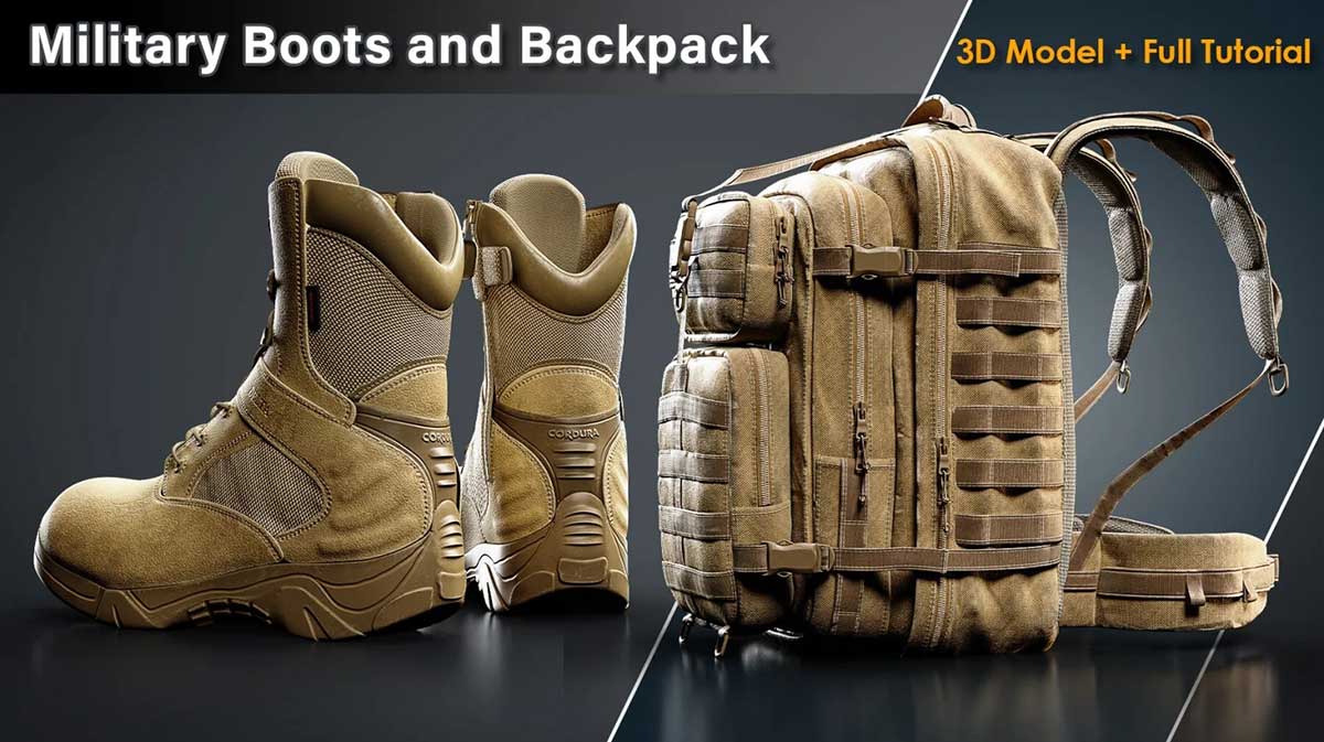 3组军事装备头盔军靴背包游戏资产制作教程+3D模型资源 Artstation – Military Equipment Masterclass Bundle