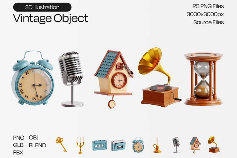 25个精美的复古物品3D图标模型素材(Blender,FBX,OBJ,PNG) Vintage Object 3D Icon Set