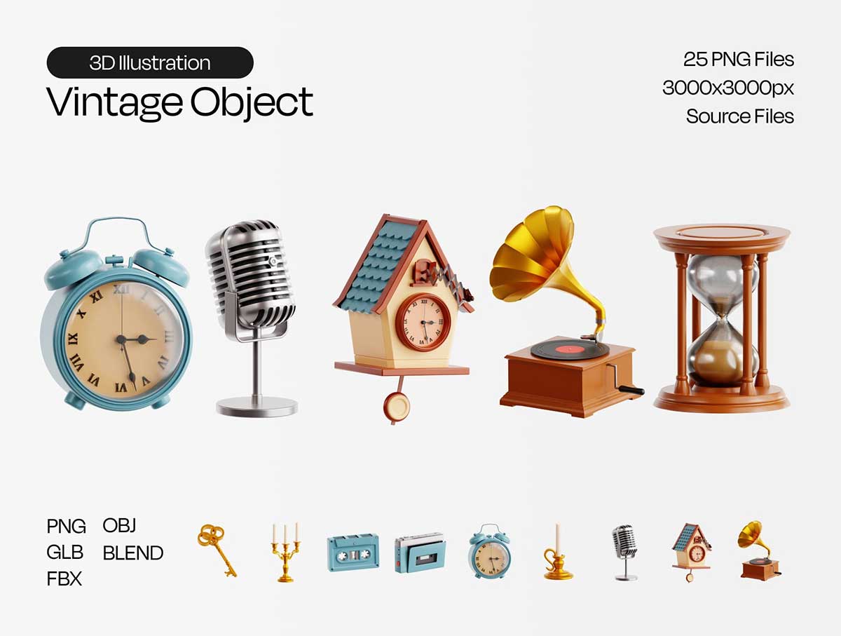 25个精美的复古物品3D图标模型素材(Blender,FBX,OBJ,PNG) Vintage Object 3D Icon Set