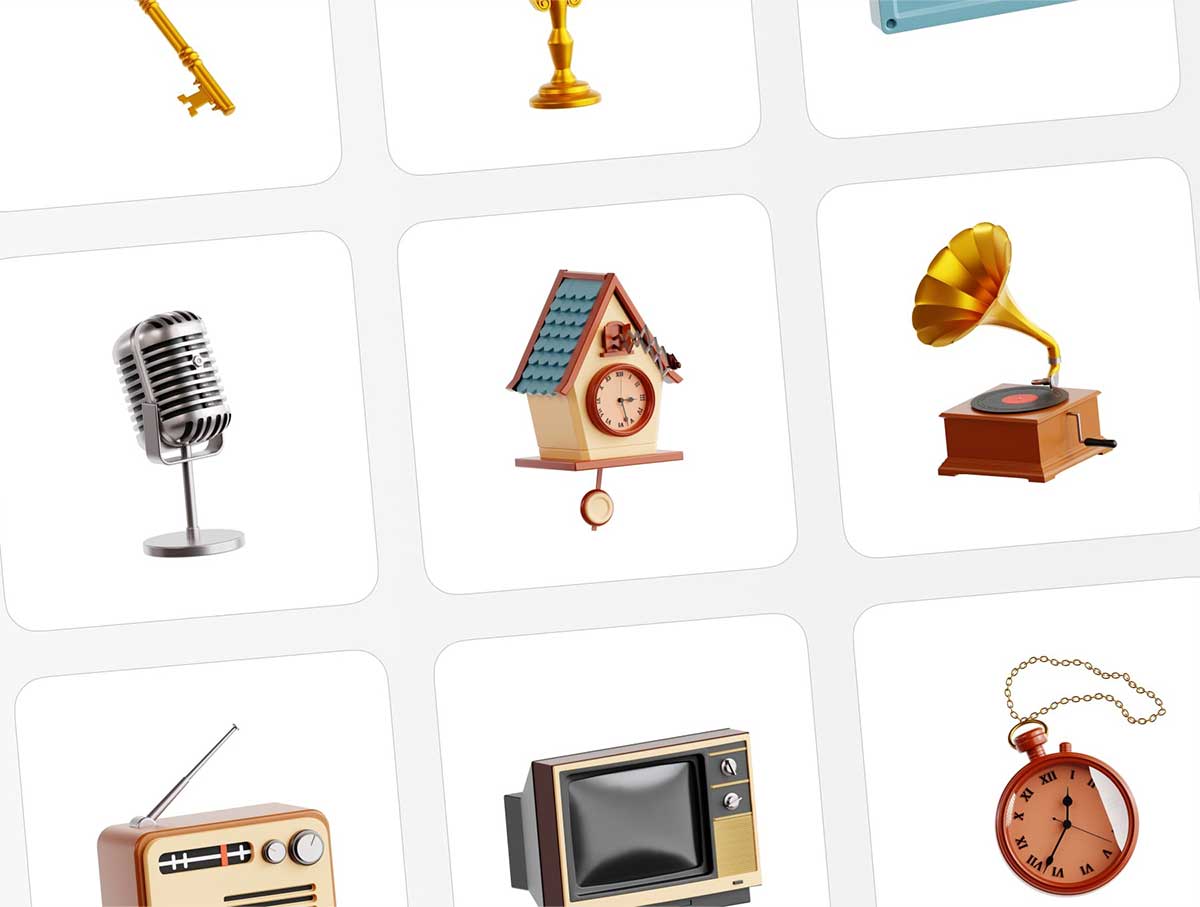 25个精美的复古物品3D图标模型素材(Blender,FBX,OBJ,PNG) Vintage Object 3D Icon Set