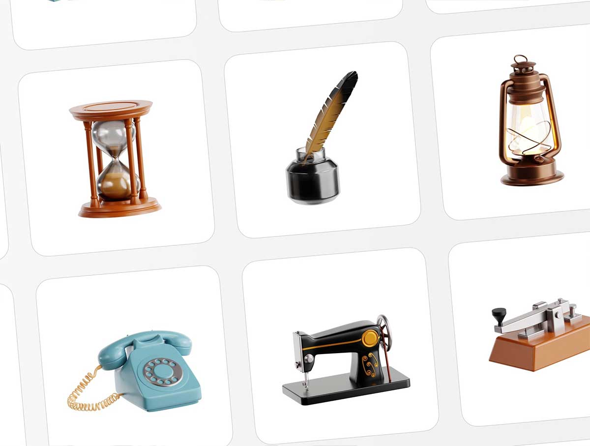 25个精美的复古物品3D图标模型素材(Blender,FBX,OBJ,PNG) Vintage Object 3D Icon Set