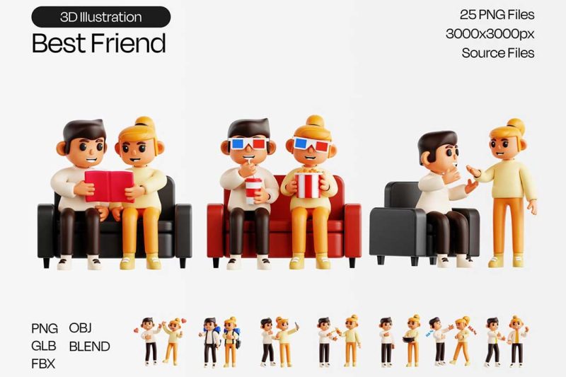 25个精美的卡通人物角色3D图标模型素材(Blender,FBX,OBJ,PNG) Best Friend 3D Icon Set